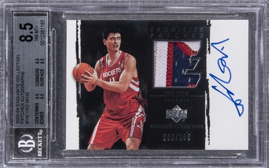 2003-04 UD "Exquisite Collection" Patches Autographs #YM Yao Ming Signed Game Used Patch Card (#009/100) – BGS NM-MT+ 8.5/BGS 10
